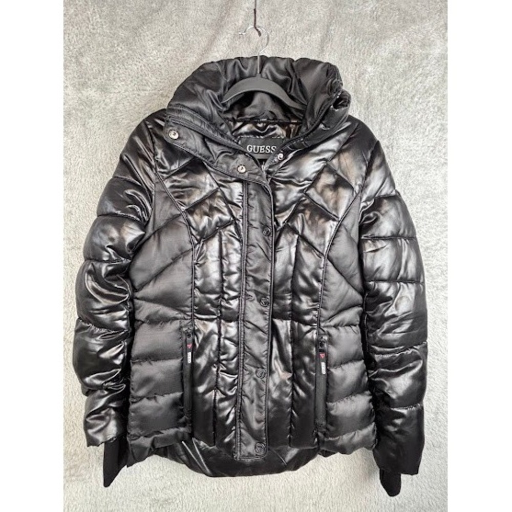 GUESS Women's Puffer‎ Jacket Full Zip Quilted High Neck Shiny Black Coat